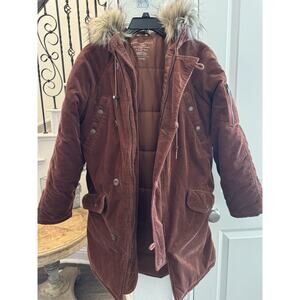 American Eagle Women’s Small Hooded Corduroy Parka, Brown Winter Coat, Fur Hood